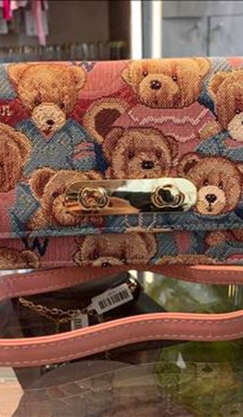 Túi xách 20cm, 2 ngăn có dây kéo, 1 dây dài, họa tiết nhiều con gấu chất vải