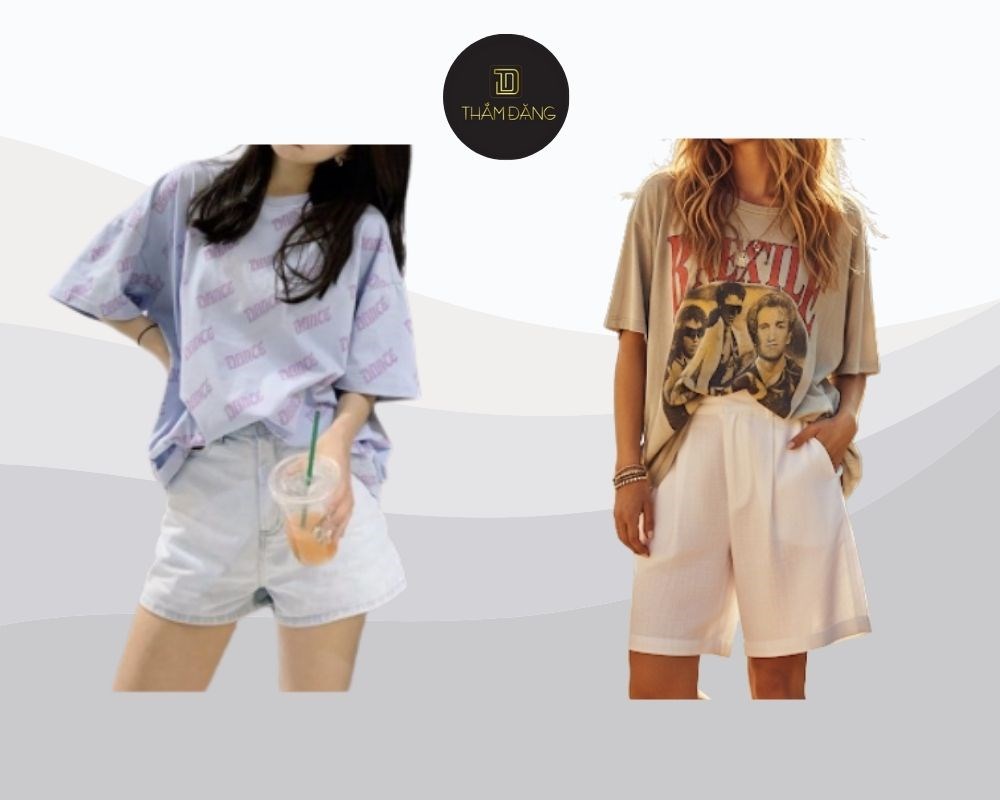 Áo thun oversize và quần short linen trắng tạo nên phong cách phóng khoáng, thoải mái đậm chất Hàn Quốc.