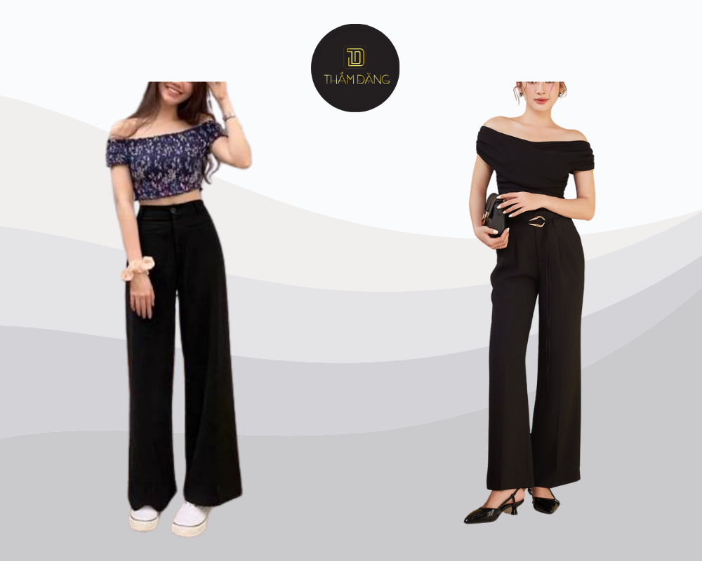 Áo trễ vai mặc với quần gì? Áo trễ vai quần âu tạo phong cách công sở thanh lịch nữ tính.