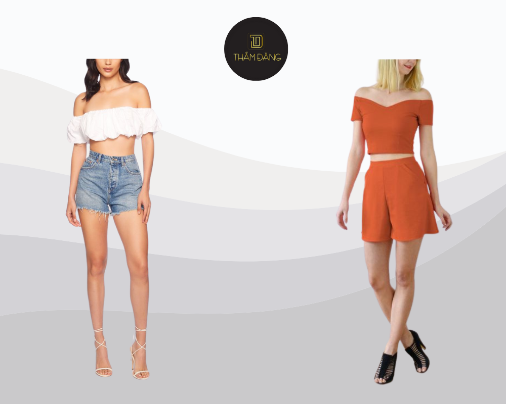 Áo trễ vai mặc với quần gì? Set đồ croptop trễ vai và quần short năng động tôn dáng mùa hè.