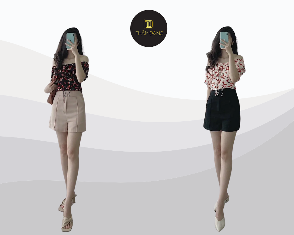 Set đồ trễ vai và quần short trẻ trung thoải mái cho mùa hè năng động khi chưa biết mặc áo trễ vai với gì