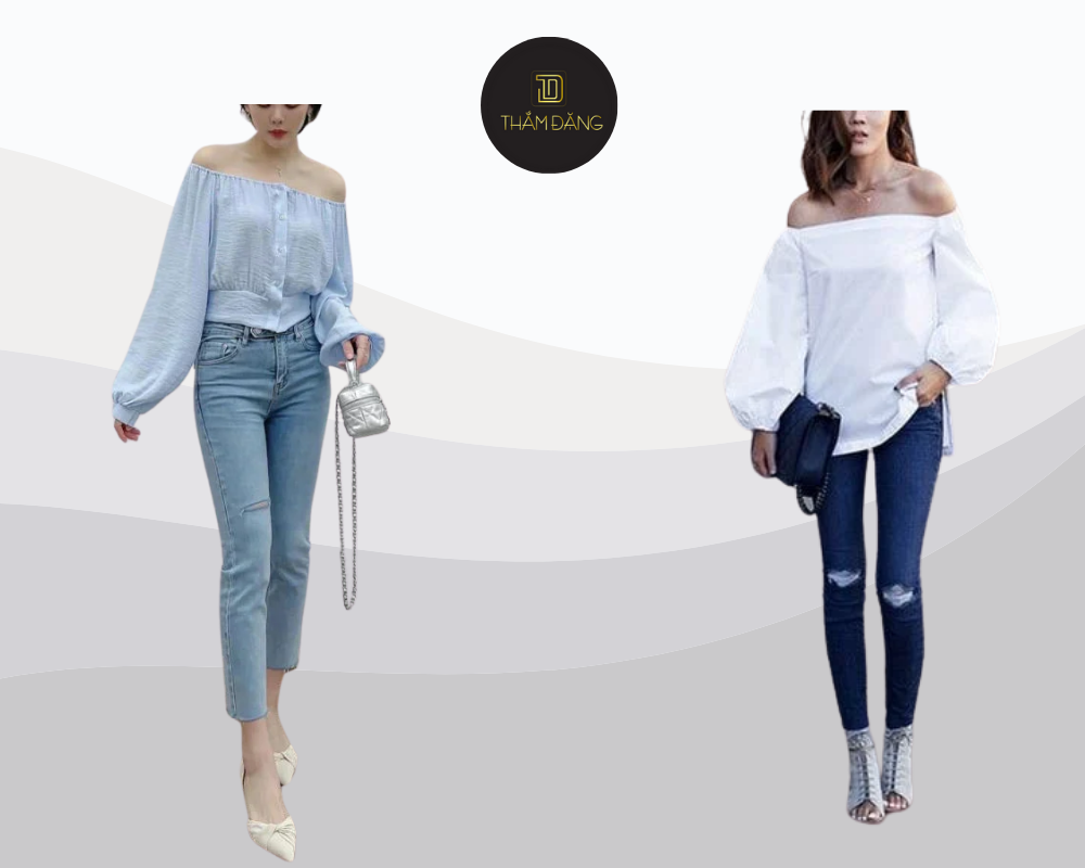 mặc áo trễ vai với gì? Áo trễ vai cùng quần skinny tôn dáng chuẩn mọi hoàn cảnh.