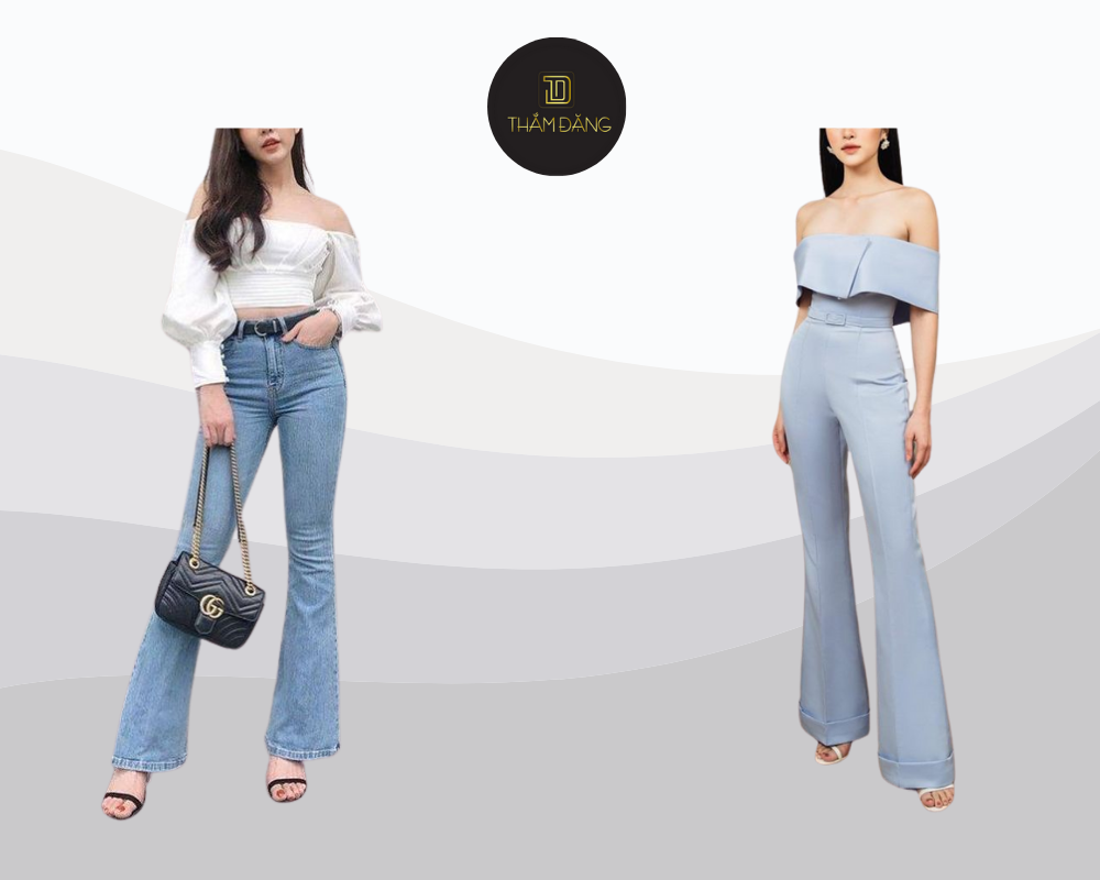 áo trễ vai mặc với quần gì? Áo trễ vai quần ống loe tôn dáng sang trọng phong cách retro vintage.