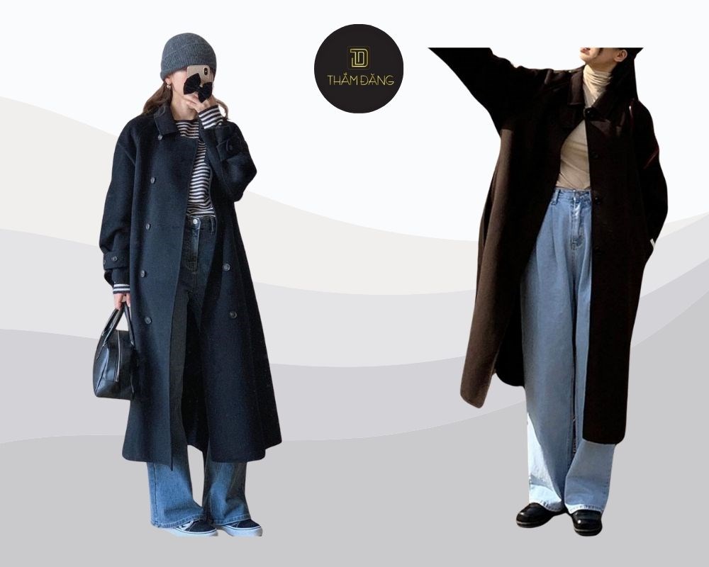 Áo khoác dáng dài phối hợp quần ống rộng jeans không chỉ giữ ấm mà còn tạo nên một phong cách mạnh mẽ, đầy cá tính