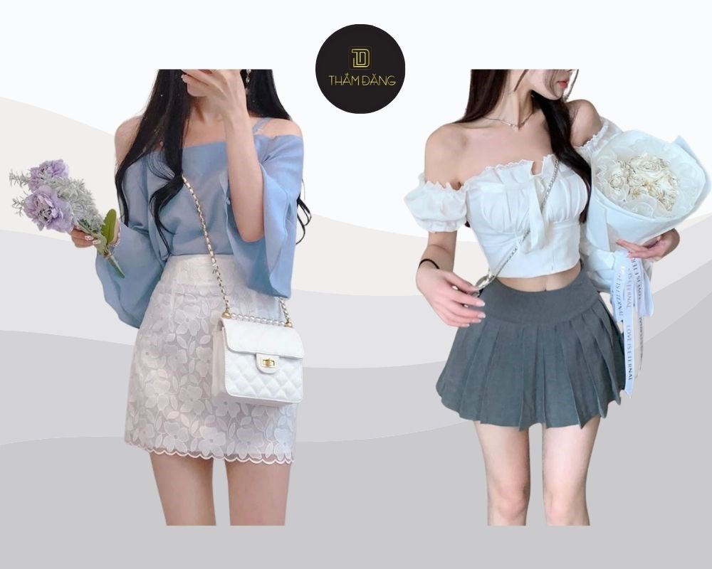 Áo trễ vai kết hợp chân váy ngắn tạo ra một vẻ đẹp vừa quyến rũ lại vừa gợi cảm