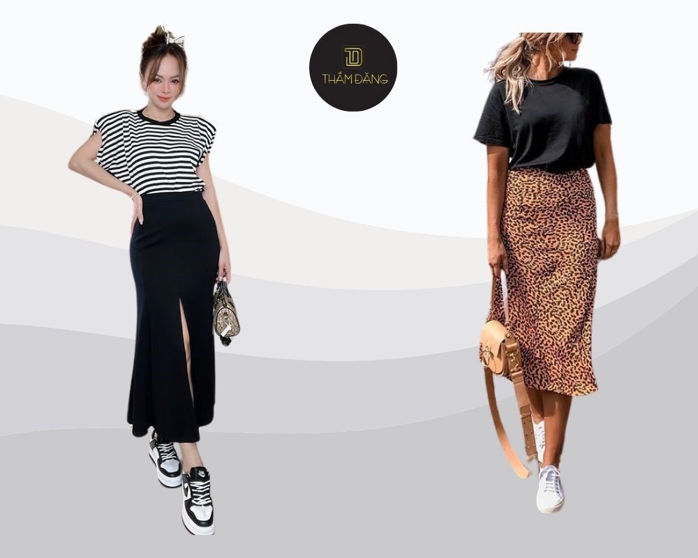 Kết hợp áo thun đơn giản với chân váy midi mang đến vẻ đẹp thanh thoát, dễ chịu mà vẫn nổi bật