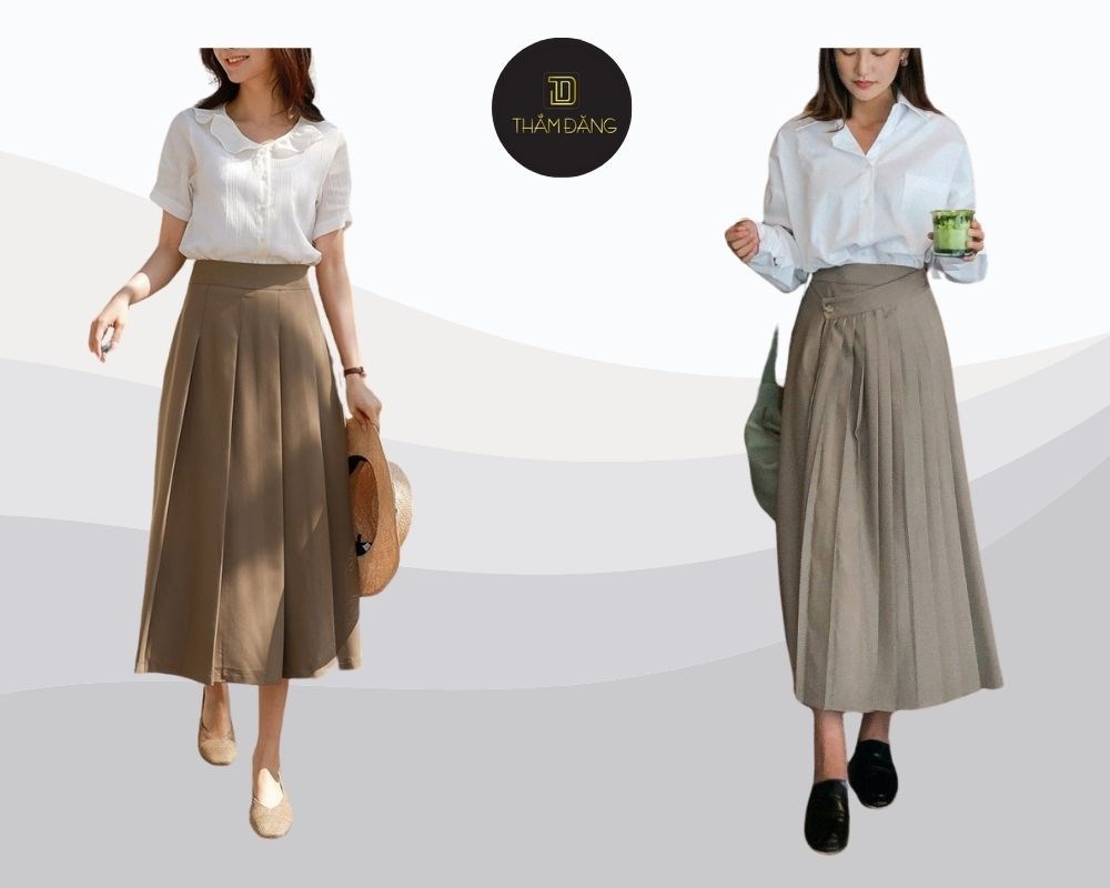 Váy xếp ly kết hợp với áo sơ mi mang đến vẻ ngoài thanh lịch, tinh tế nhưng không kém phần trẻ trun