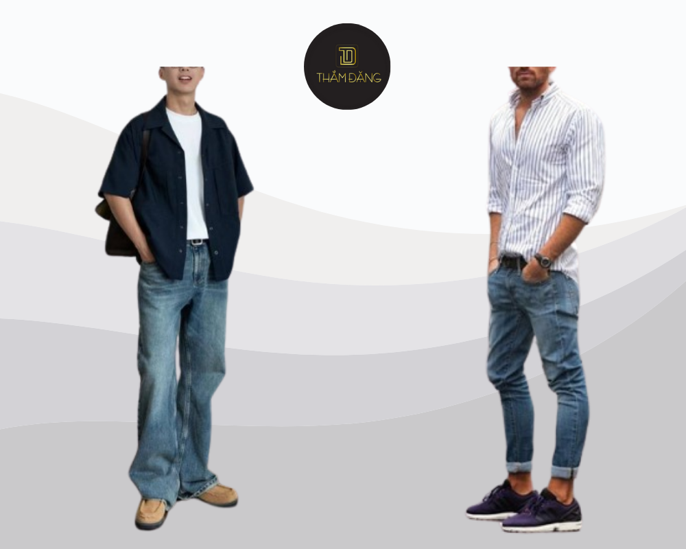 Outfit sơ mi rộng và jeans nam tính phù hợp mọi dịp năng động.