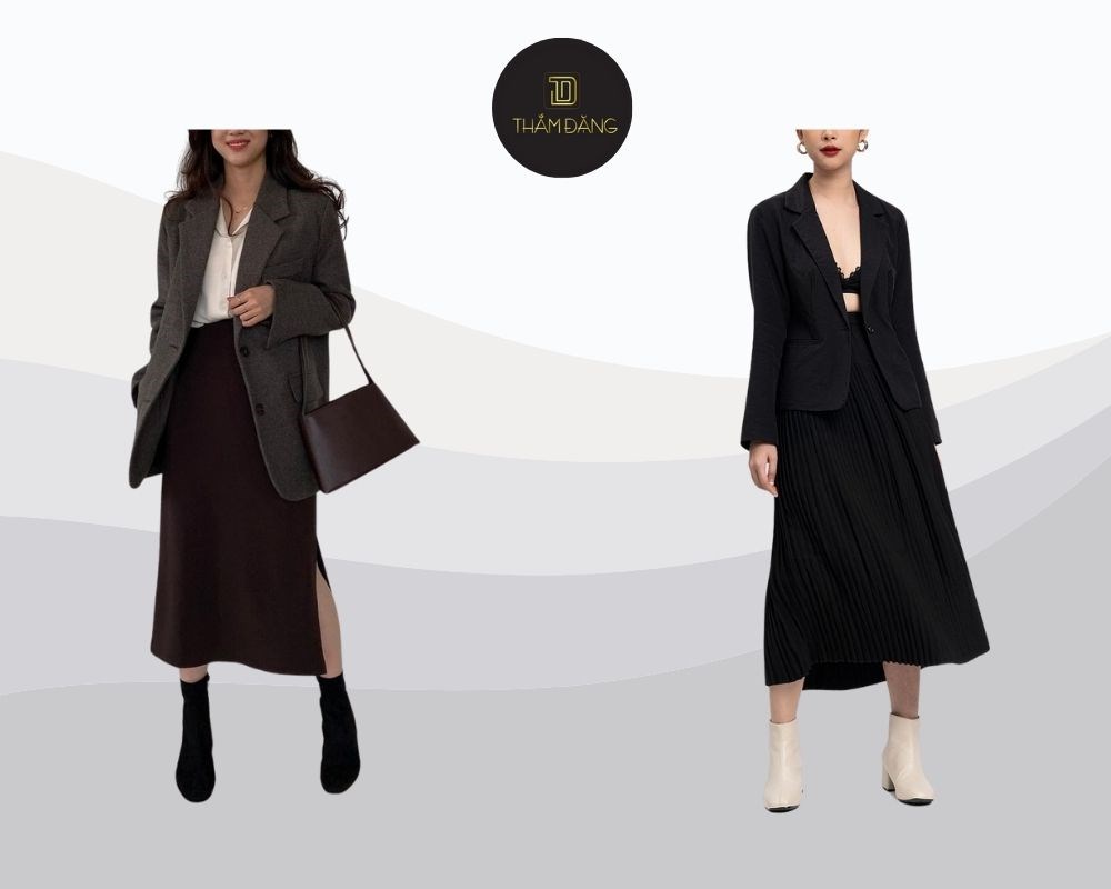 Chân váy dài đen và blazer tạo vẻ thanh lịch hiện đại cho mọi hoàn cảnh