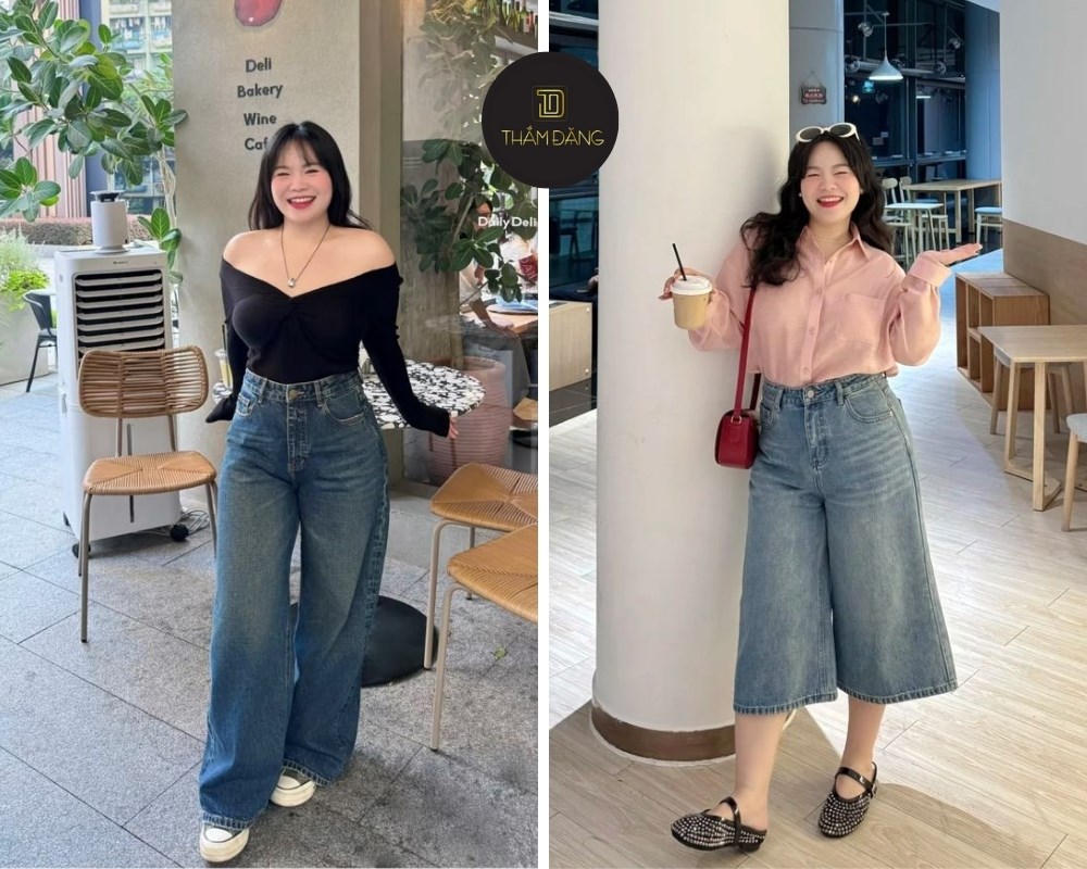 Phối đồ với quần jean ống rộng cho người mập với màu áo trơn giúp thân hình thon gọn hơn
