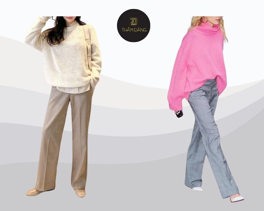 Phối quần bò ống rộng cho người lùn cùng áo len oversized cho mùa đông thoải mái, ấm áp