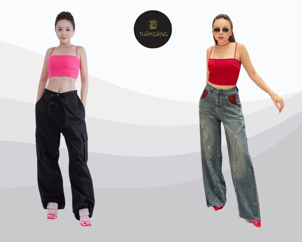 Tham khảo cách phối quần jean ống rộng cho người lùn cực quyến rũ cùng áo hai dây