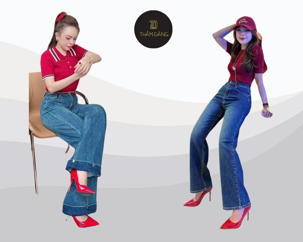 Ngồi thả lỏng tự nhiên, vắt chéo chân sang một bên để tạo hiệu ứng đôi chân dài miên man và cuốn hút khi mặc quần jean ống rộng
