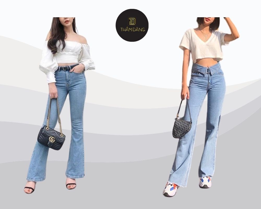 Áo croptop hoặc sơ mi ngắn kết hợp với quần ống loe cùng phụ kiện túi xách tạo nên phong cách trẻ trung và năng động