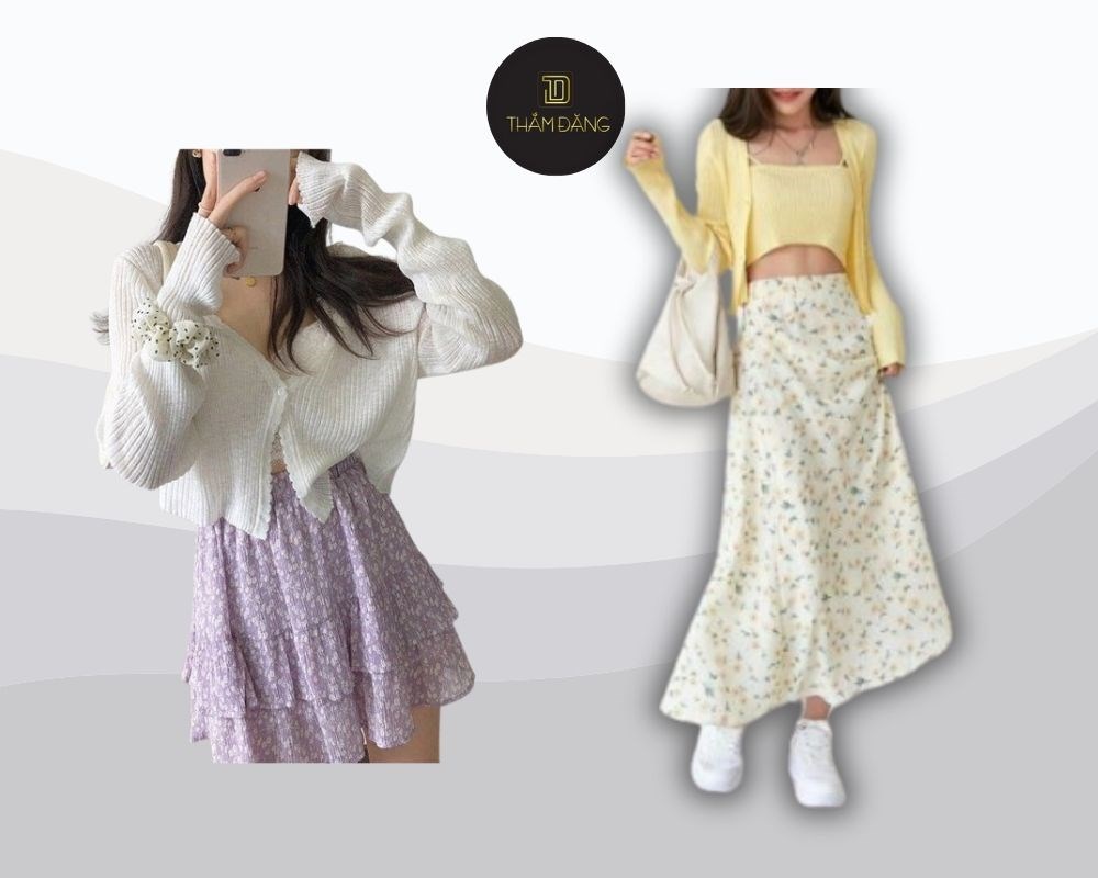 Áo cardigan mỏng nhẹ khoác ngoài chân váy hoa tạo nên phong cách thanh lịch, phù hợp cho những ngày không quá lạnh
