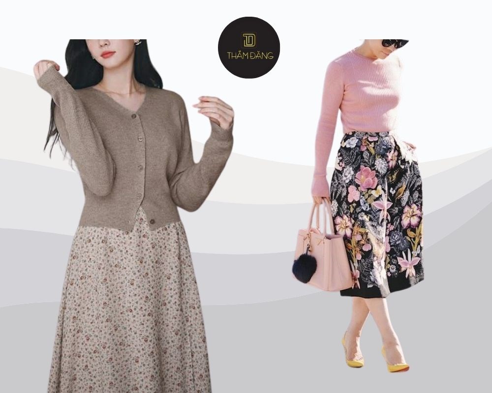 Áo len mỏng mix cùng chân váy hoa, là lựa chọn hoàn hảo cho thời tiết chuyển mùa, nữ tính và duyên dáng