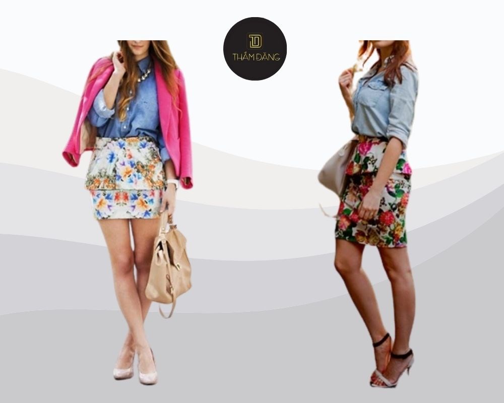 Sự kết hợp giữa áo sơ mi denim và chân váy hoa mang lại phong cách trẻ trung, năng động, phù hợp cho dạo phố