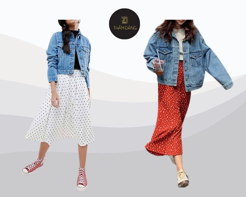 Áo khoác denim tạo sự đối lập thú vị với chân váy hoa nhí dáng dài, mang đến phong cách năng động, cá tính
