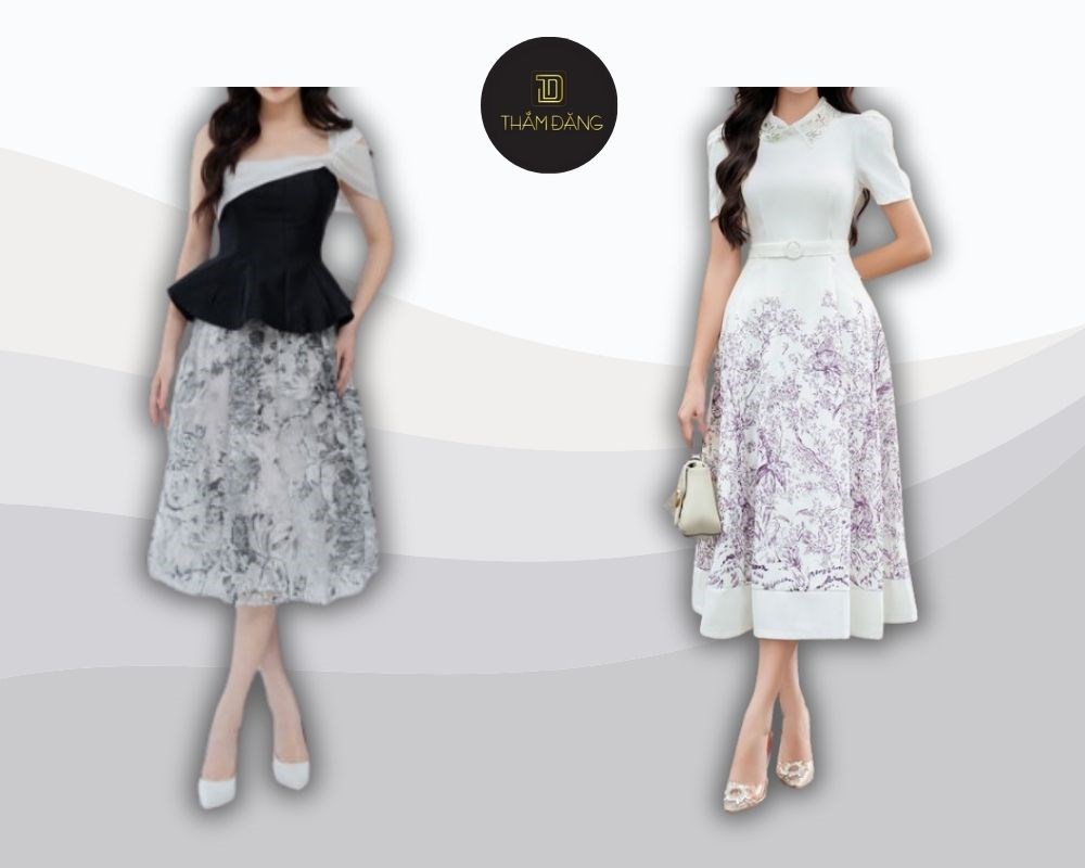 Áo peplum tôn lên vóc dáng đồng hồ cát, kết hợp cùng chân váy dáng dài họa tiết hoa tạo nên vẻ ngoài thanh lịch và nữ tính