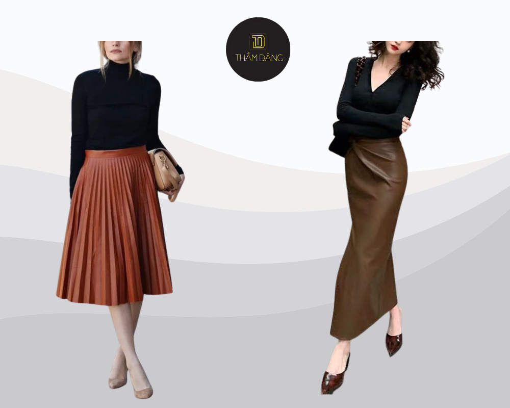 Sự kết hợp cùng chân váy nâu và áo đen mang đến vẻ ngoài thanh lịch, tinh tế và đầy cá tính cho những dịp cần sự chuyên nghiệp và sang trọng