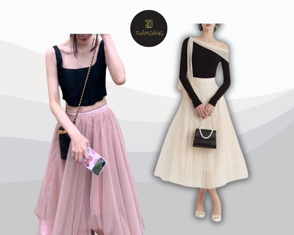 Chân váy tutu kết hợp với áo gì? Áo hai dây/áo lệch vai gợi cảm cùng chân váy tutu tạo nên một phong cách quyến rũ và nữ tính