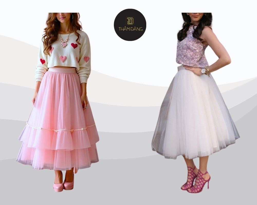 Duyên dáng khi phối áo croptop cá tính phối cùng chân váy dáng dài tutu, đem đến vẻ ngoài hiện đại và đầy năng lượng