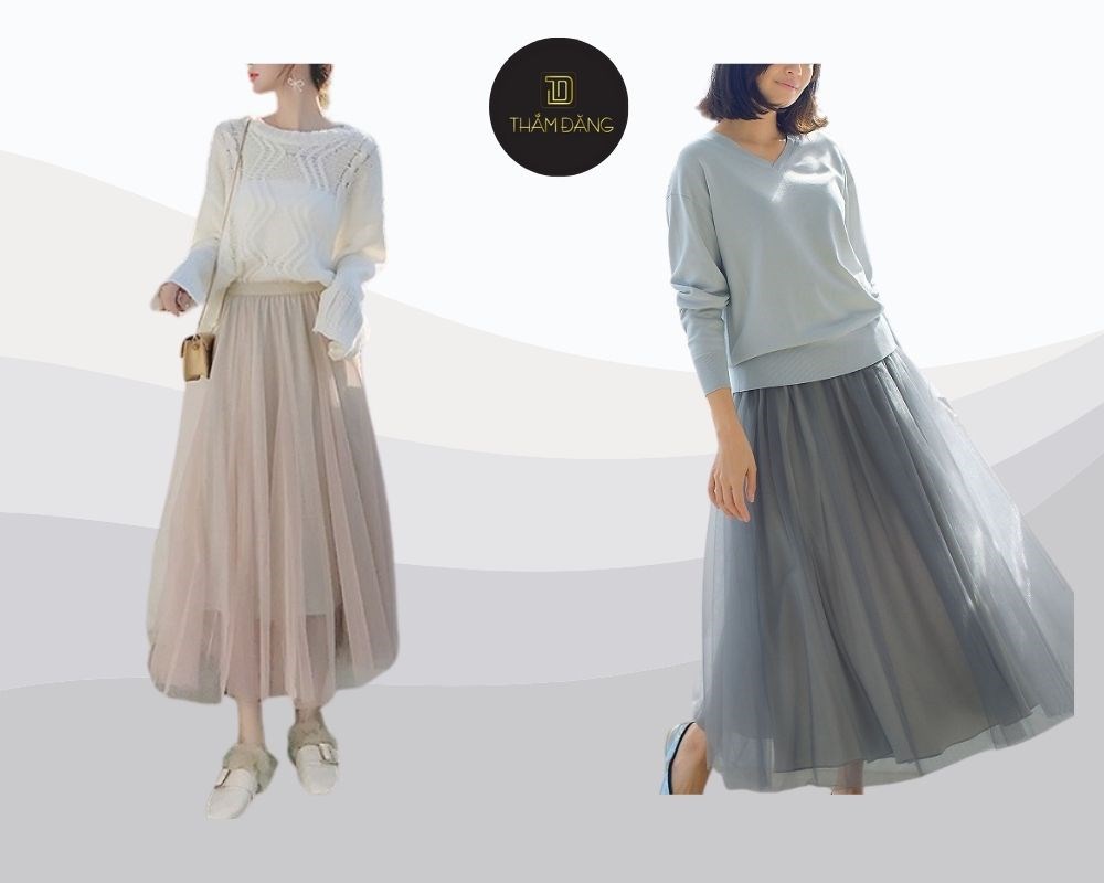 Phối chân váy tutu siêu điều đà và ấm áp cùng áo len/cardigan, hoàn hảo cho những ngày thu đông