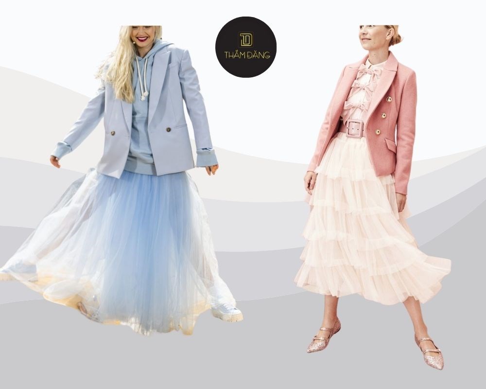 Chọn chân váy tutu trắng phối với blazer sang trọng tạo nên một tổng thể sang trọng và thanh lịch