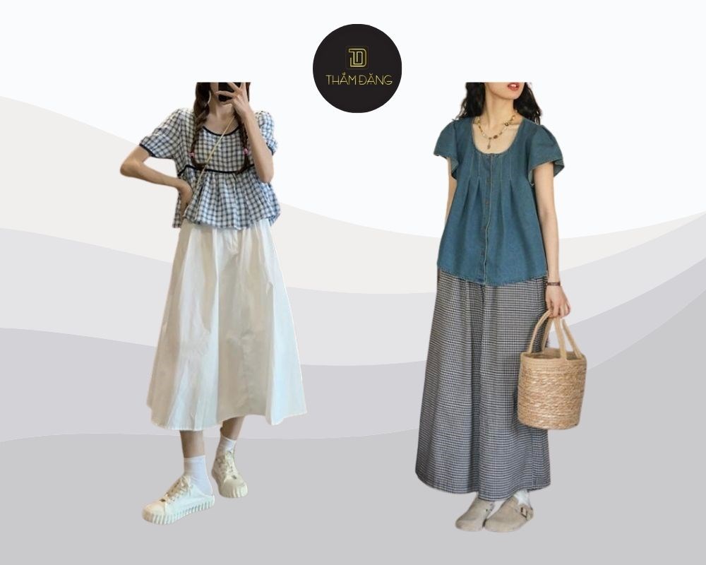 Áo babydoll kết hợp cùng chân váy xòe dài mang đến phong cách dễ thương, nữ tính, thoải mái