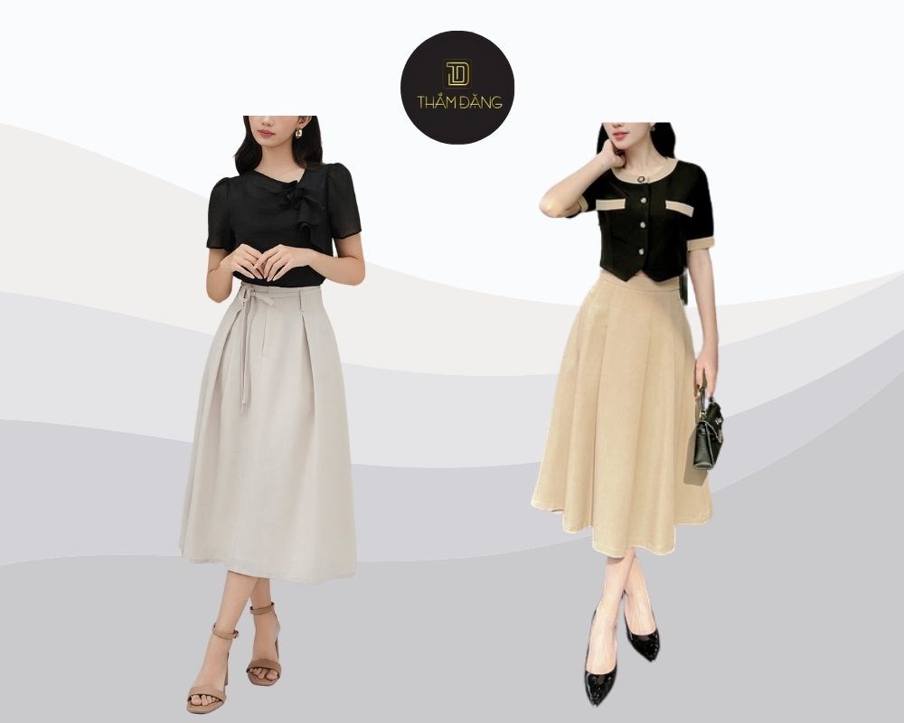 Áo kiểu với những đường cắt may tinh tế kết hợp cùng chân váy xòe dài tạo nên outfit thanh lịch, nữ tính, cuốn hút