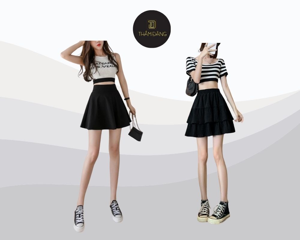 Chân váy xòe ngắn phối với áo croptop khoe khéo vòng eo thon gọn