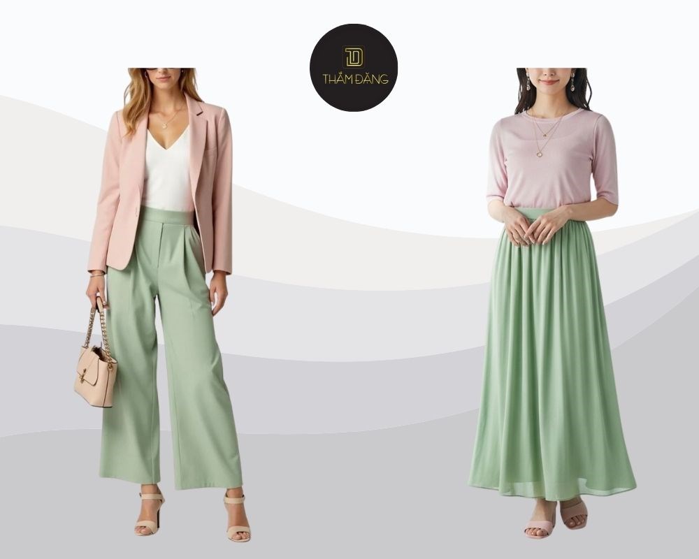 màu hồng pastel phối với xanh lá
