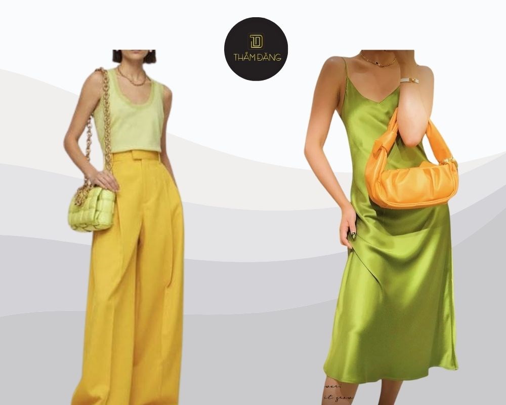 Kết hợp áo hai dây và váy lụa xanh bơ với các item màu vàng giúp bạn nổi bật và tràn đầy năng lượng trong mọi tình huống