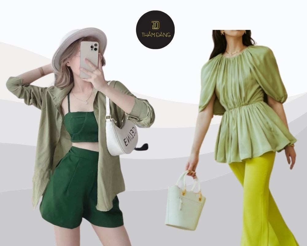 Sự kết hợp giữa áo sơ mi màu xanh bơ pastel và item xanh lá, kèm kính râm hoặc túi xách mang lại cảm giác tự nhiên, thu hút ánh nhìn