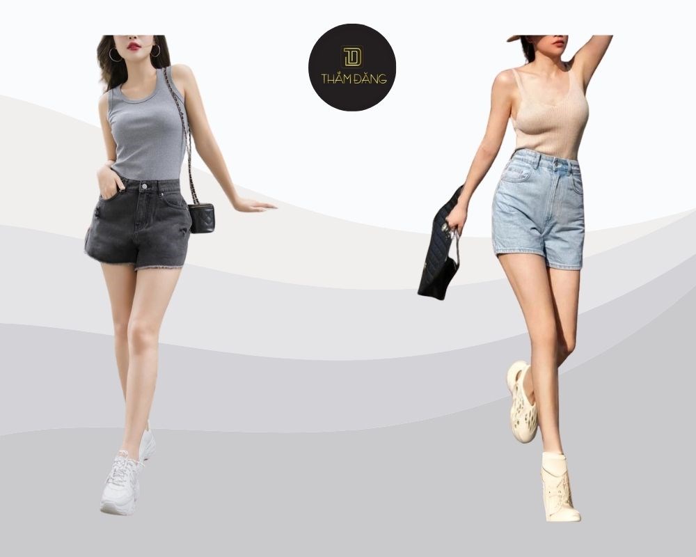Phối áo thun ôm với quần short bò cạp cao trẻ trung