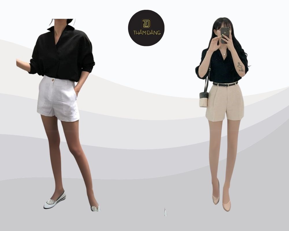 Quần short nữ cạp cao kết hợp với sơ mi cổ V thanh thoát