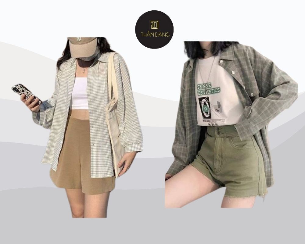 Mix quần short cạp cao với áo họa tiết kẻ đầy nổi bật