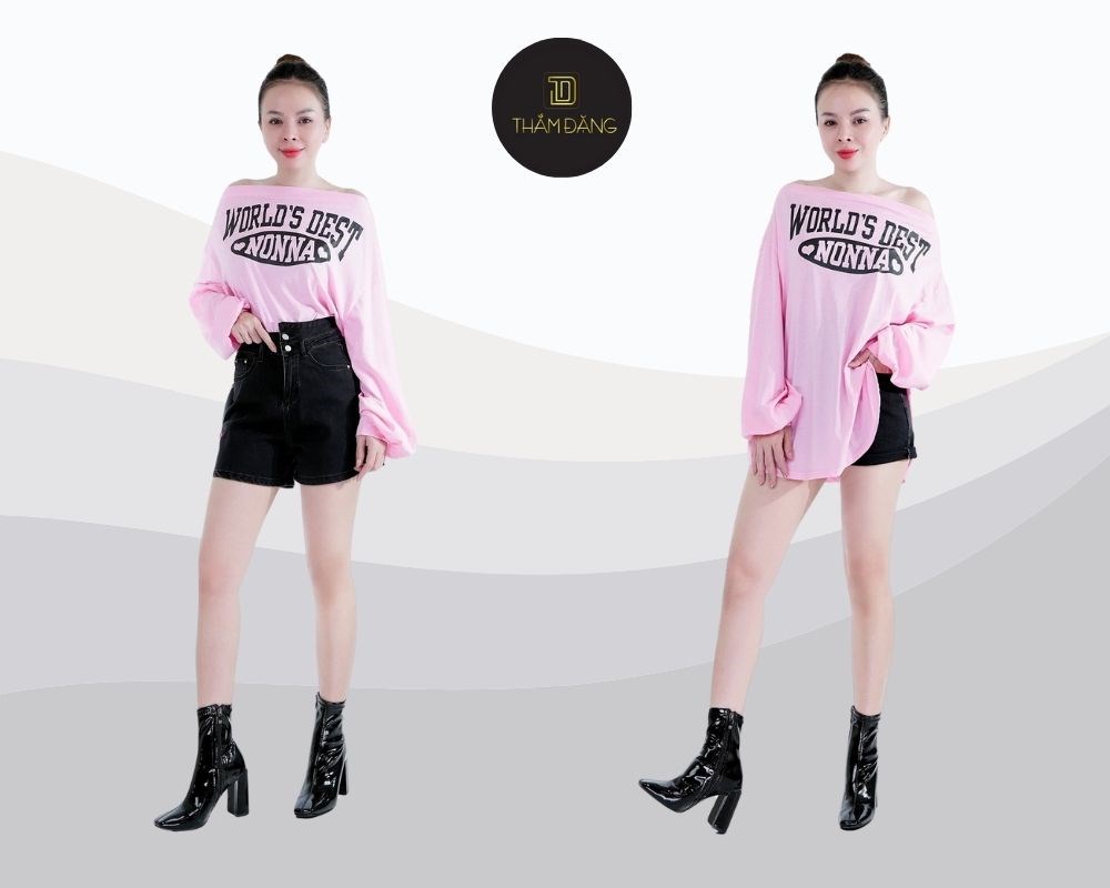 phối cùng quần short cạp cao và áo lệch vai cực chất