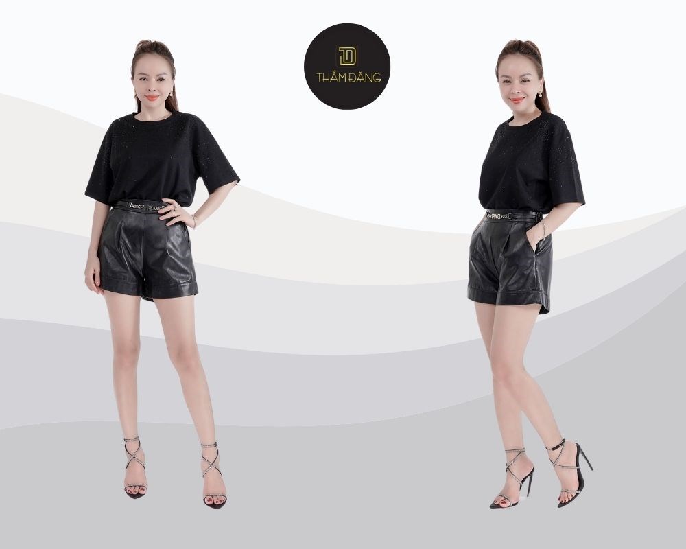 Quần short cạp cao kết hợp áo suông và thắt lưng, vừa tôn dáng vừa thêm phần sành điệu