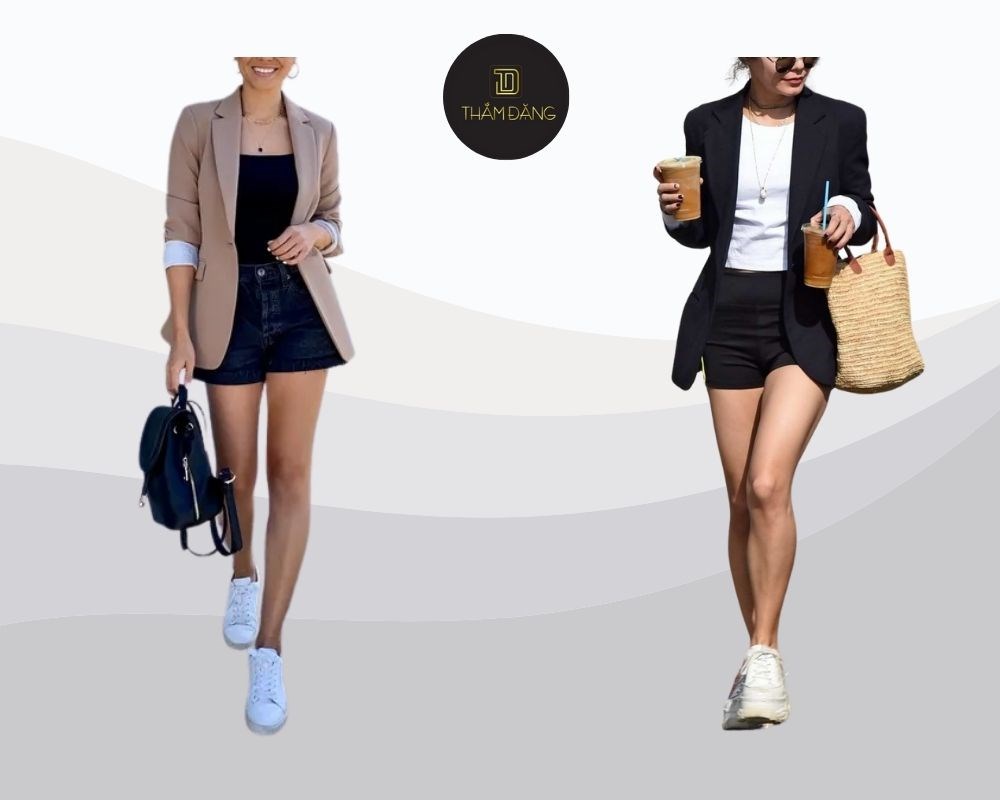 Kết hợp áo blazer với quần short cạp cao sành điệu