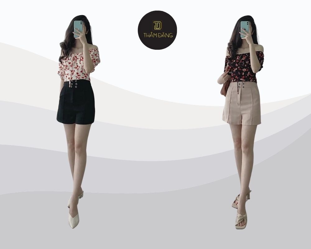 Quần short kết hợp áo trễ vai hoa nhí vải nữ tính
