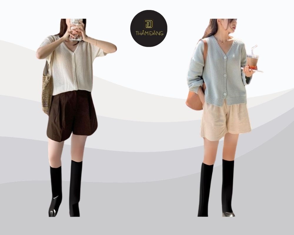 Áo len dệt kim mỏng phối với quần cộc lưng cao dễ thương