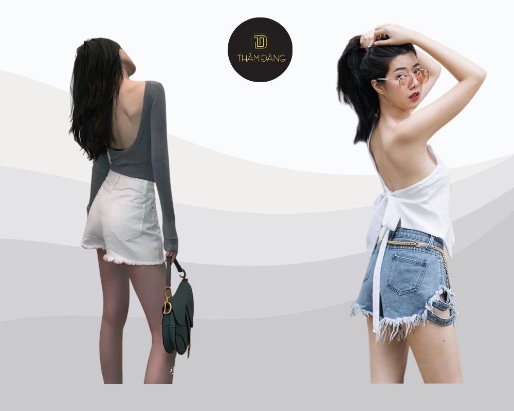 Kết hợp áo hở lưng với quần ngắn nữ cạp cao thanh thoát