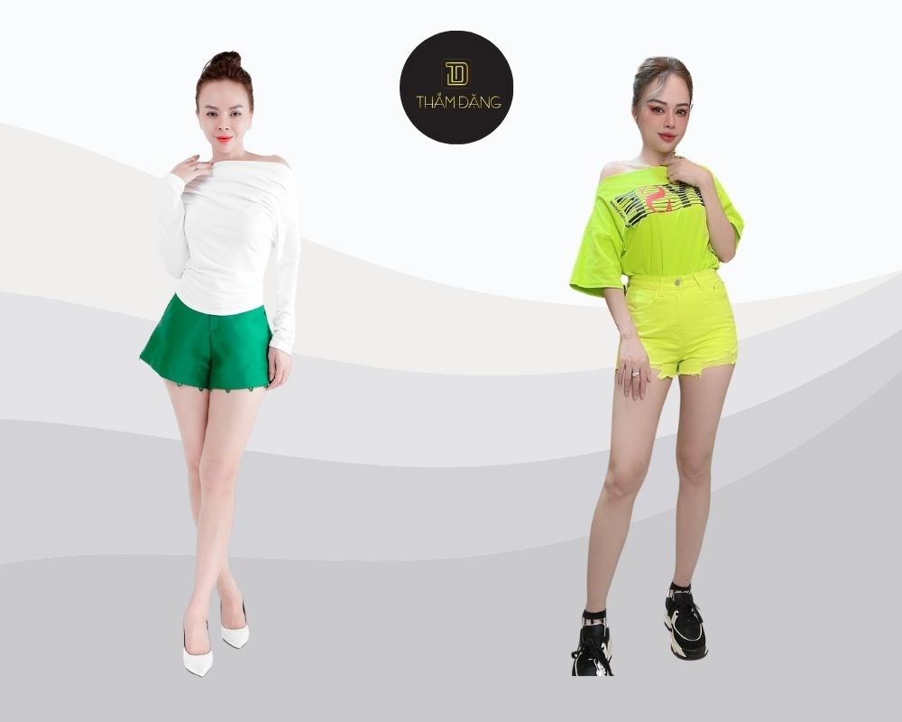Quần đùi cạp cao nữ phối cùng áo trễ vai nhẹ nhàng