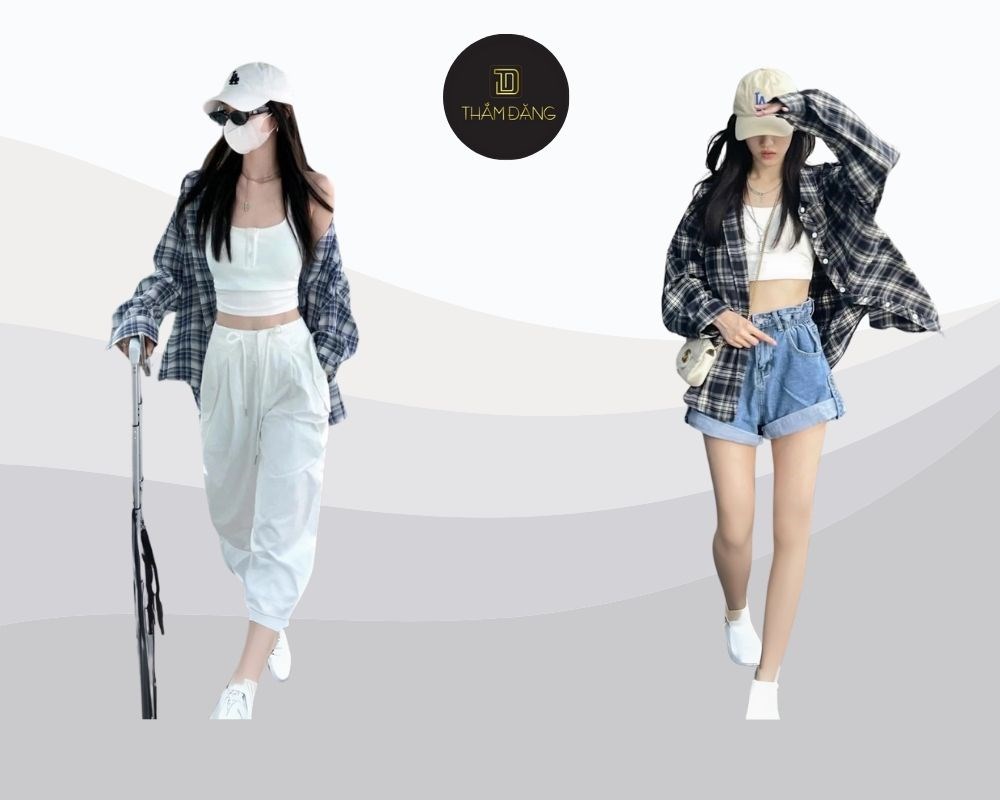 Quần màu xanh short jean rách cạp cao phối cùng croptop và sơ mi kẻ năng động