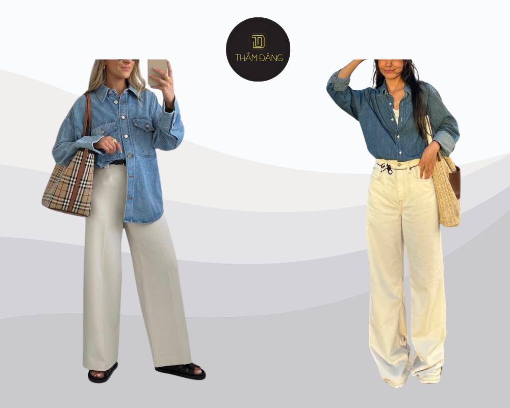 Thanh lịch và năng động với denim xanh nhạt và quần trắng tinh khôi