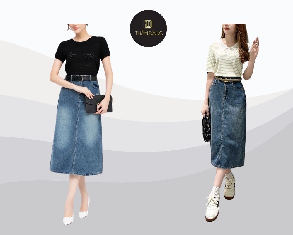 Chân váy jean dáng maxi, áo thun basic và đai lưng nổi bật là lựa chọn tuyệt vời cho đám cưới ngoài trời phong cách bohemian