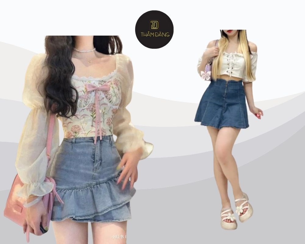 Chân váy jean xòe ngắn kết hợp áo cách điệu và giày sandals mang đến vẻ năng động, hoàn hảo cho tiệc cưới mùa hè