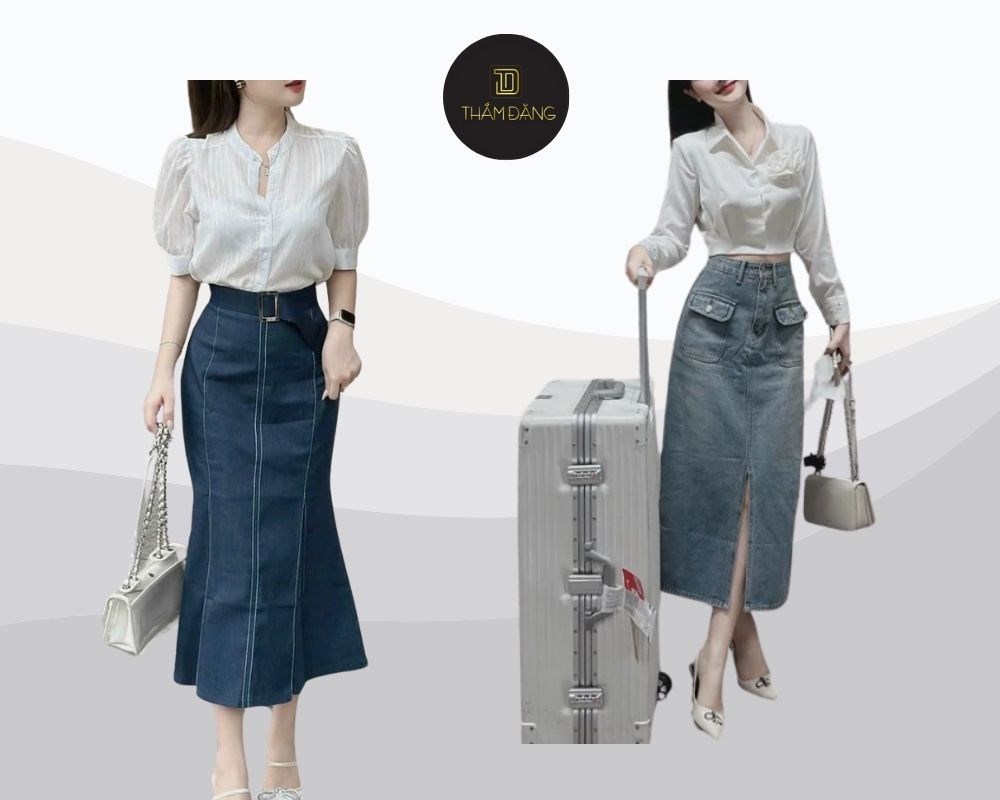 Phối chân váy jean đi đám cưới dáng wrap kết hợp cùng áo và phụ kiện sang trọng là lựa chọn quyến rũ cho đám cưới buổi tối