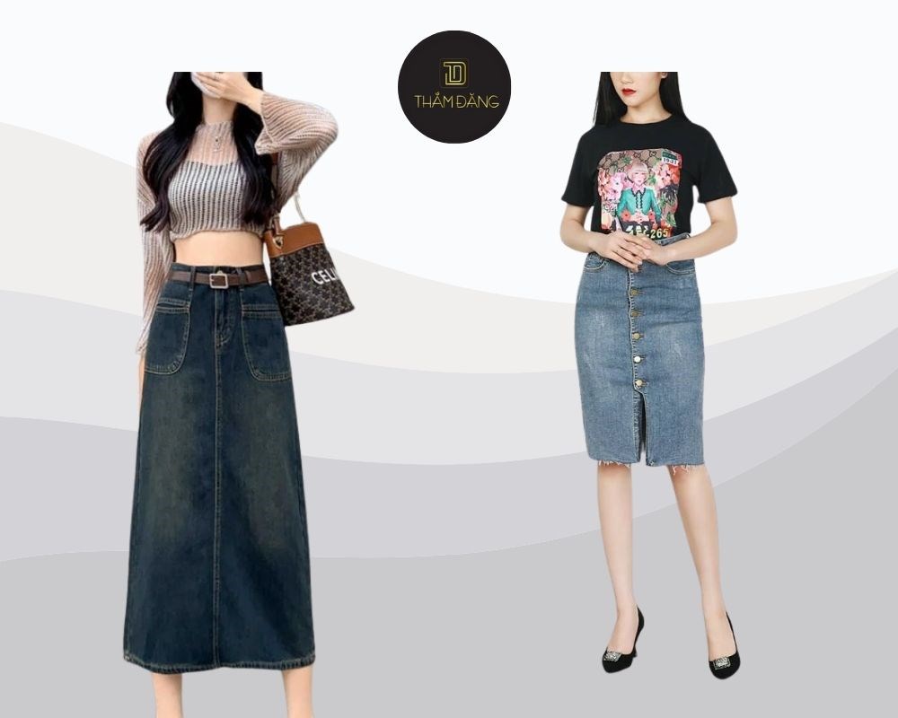 Chân váy jean trơn và áo họa tiết giúp bạn nổi bật mà vẫn giữ được vẻ thanh lịch trong đám cưới